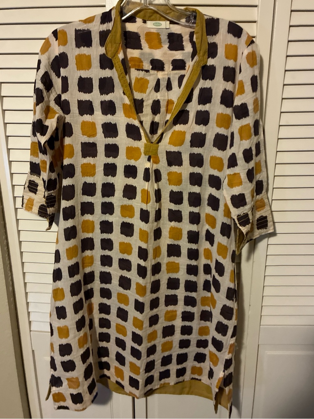 Dolma-Woman's Boho Tunic Shirt/ Dress Mustard Cotton 3/4 Sleeve V-Neck Sz Small